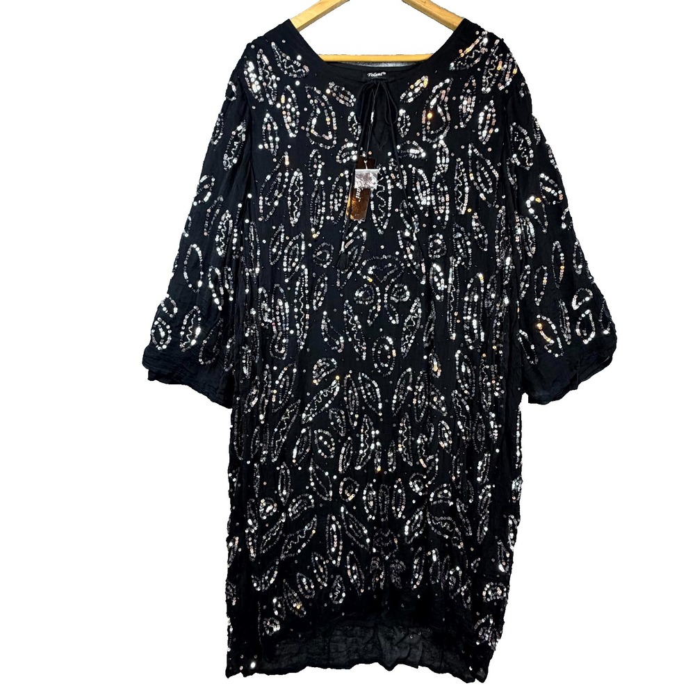 Tolani Shift Dress Womens 1X Black Lined Viscose Sequin Beaded Flowy MOB Evening